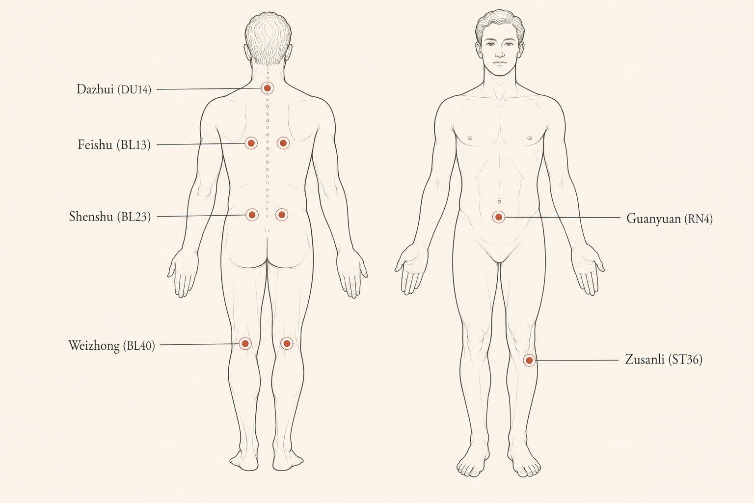 Cupping acupoint diagram showing Dazhui, Feishu, Shenshu, Zusanli, Guanyuan and Weizhong